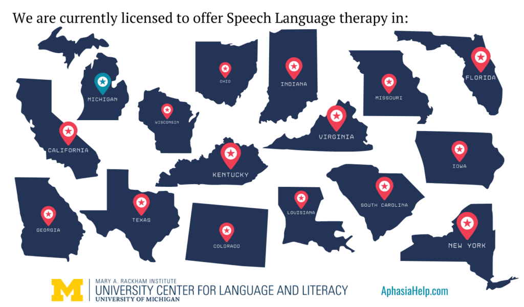 Graphic of map showing the states MARI is licensed to practice speech language therapy in, including teletherapy. 15 state graphics (including Ohio)..