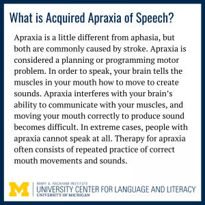 Text reads "Apraxia is a little different from aphasia, but both are commonly caused by stroke. Apraxia is considered a planning or programming motor problem. In order to speak, your brain tells the muscles in your mouth how to move to create sounds. Apraxia interferes with your brain’s ability to communicate with your muscles, and moving your mouth correctly to produce sound becomes difficult. In extreme cases, people with apraxia cannot speak at all. Therapy for apraxia often consists of repeated practice of correct mouth movements and sounds."